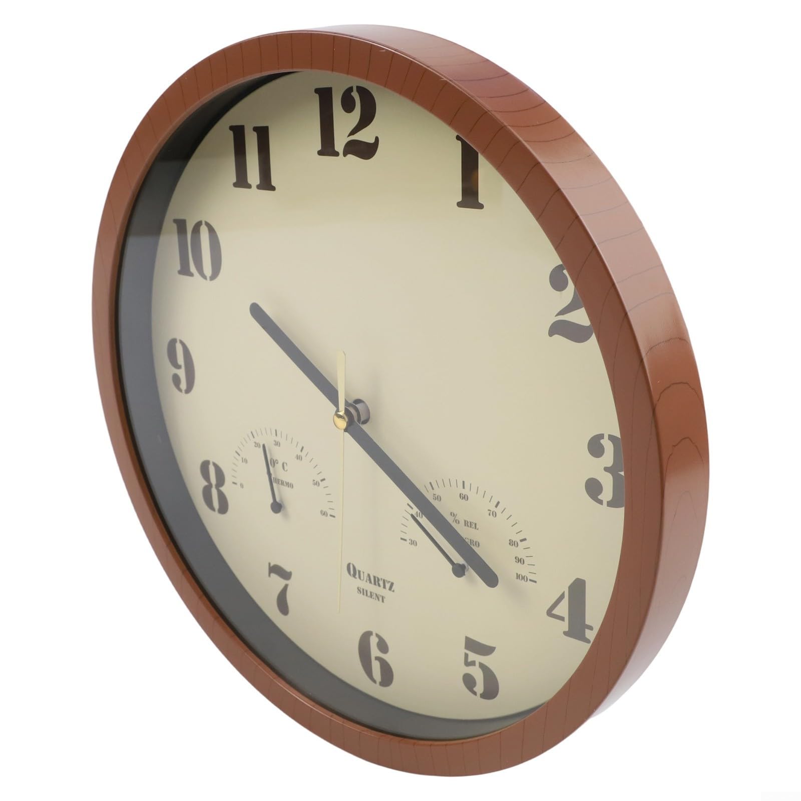 Reloj resistente a la intemperie para patio con termómetro analógico e higrómetro, movimiento de cuarzo silencioso, apto para uso en interiores en cocina o Lanai (marrón oscuro)