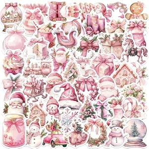 50 calcomanías rosas de Navidad para niños, calcomanías de regalo de fiesta de Navidad vintage, botellas de agua impermeables, laptop, motocicleta, monopatín, calcomanías de grafiti, regalos de