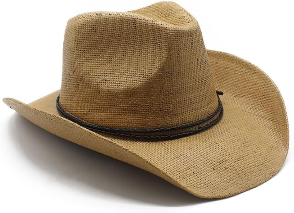 Western Cowboy Hat, Natural Straw, Braided Leather Band, Wide Brim