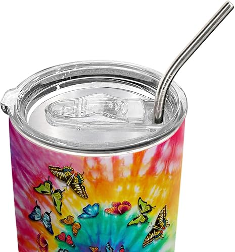 Miniatura 6 de Vaso de 20 onzas con diseño de mariposa teñido anudado colorido, regalos para amantes de las mariposas, termo de café para mujeres, taza de café de
