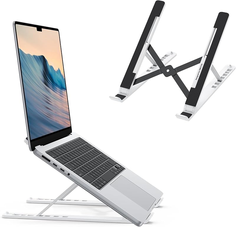 Soporte para portátil OMOTON, soporte para portátil para escritorio, ergonómico, ángulo de 7 niveles, soporte para computadora ajustable, soporte para elevador de portátil ABS portátil, compatible con todos los computadoras portátiles y iPad(10-15,6", blanco)