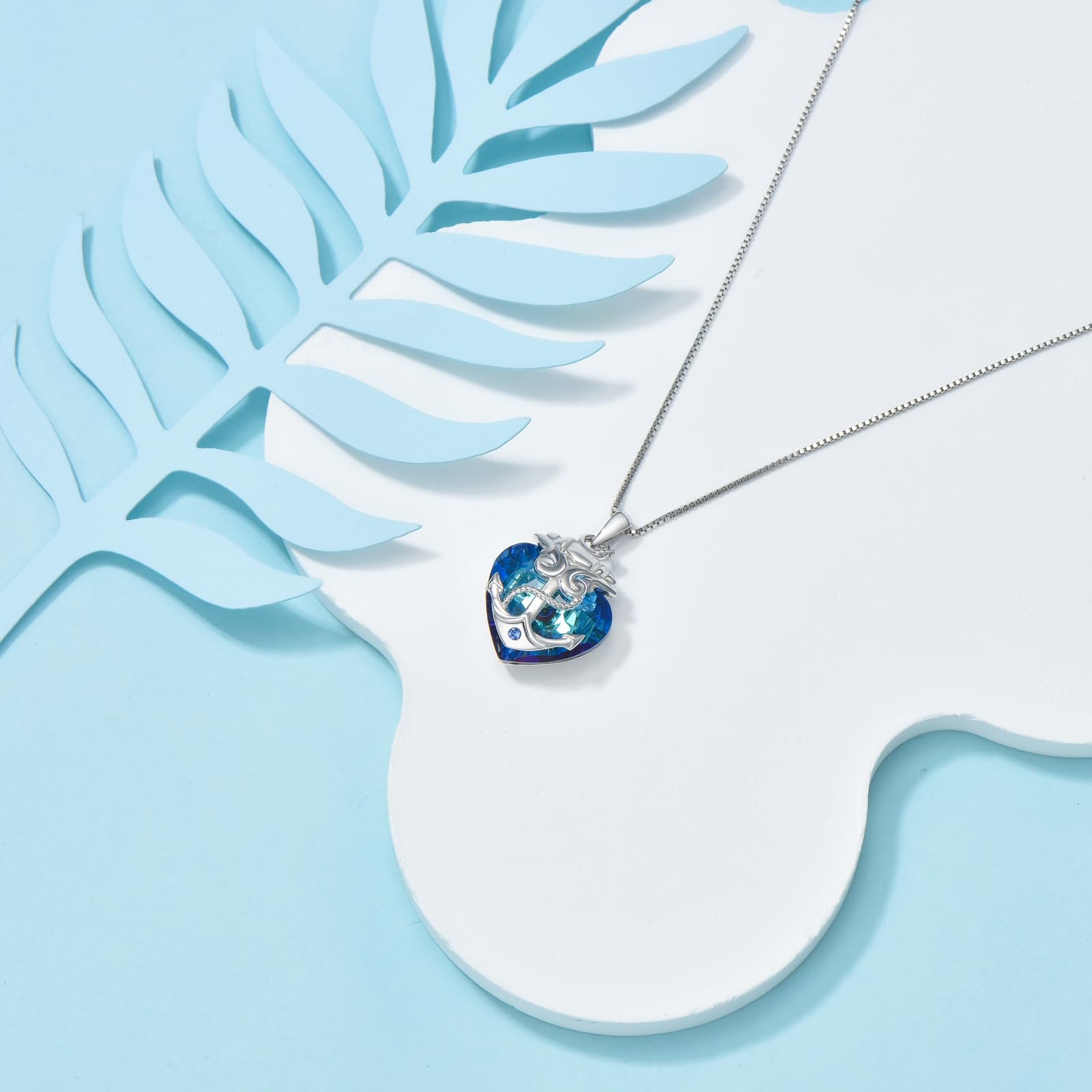 YAFEINI Anker Halskette für Damen 925 Sterling Silber Blau Ozean Herz Nautische Anhänger Kette Kristall Schmuck Geschenk für Mädchen Mutter Tochter