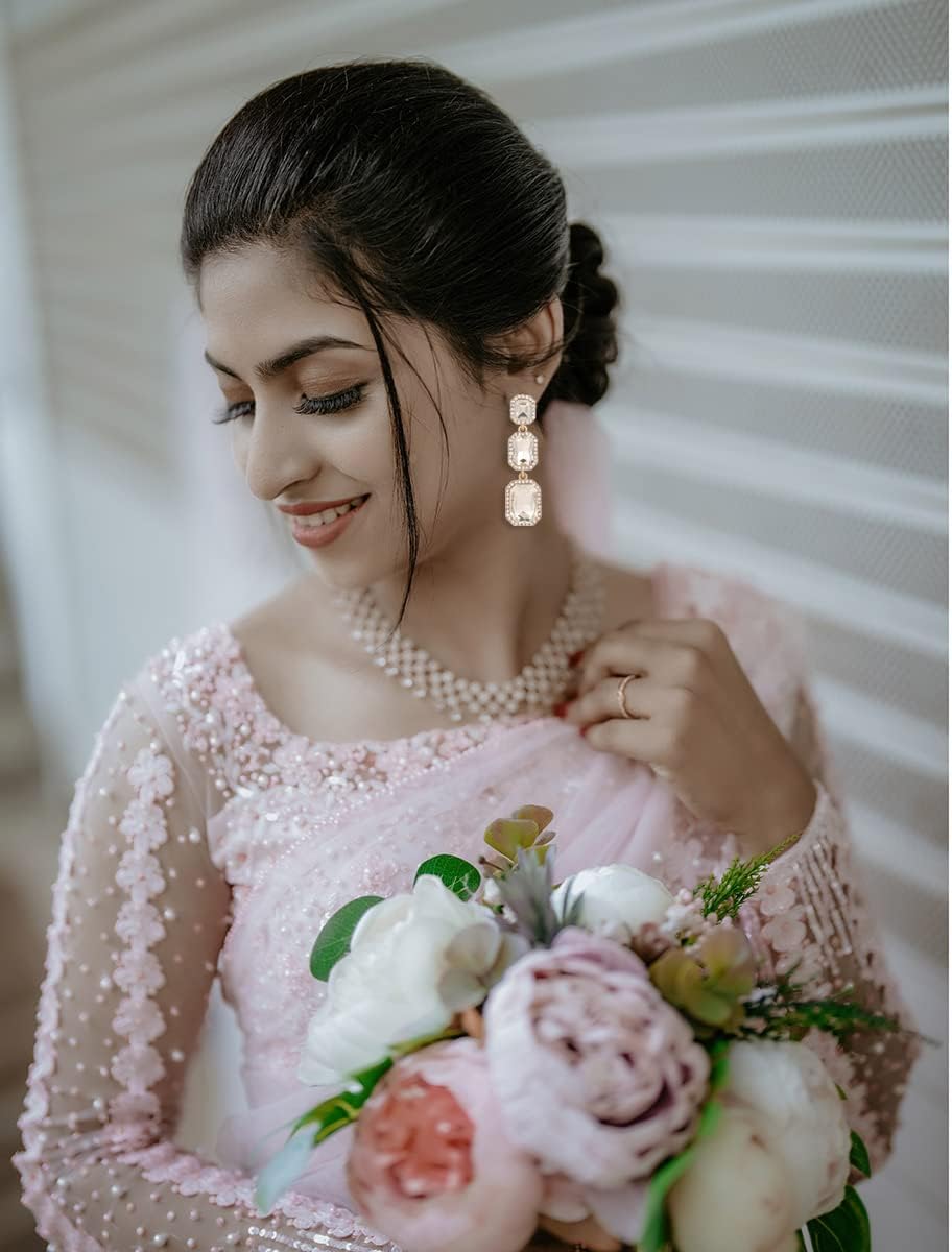 Classical Rhinestone Dangle Earrings Statement Crystal Drop Earrings Wedding Bridal Rectangle Dangling Earrings for Women - Image 3