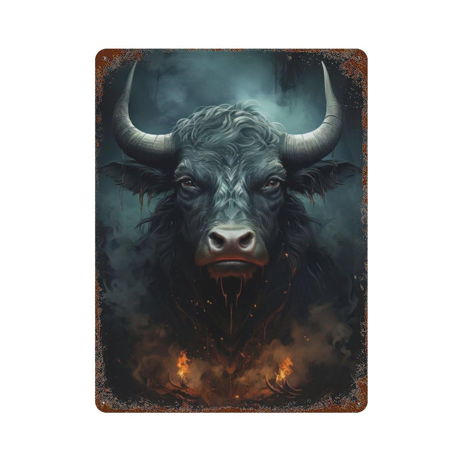 Bull Portrait Rust Effect Tin Sign 15.7"x11.8", Ideal for Garage, Bar And Workshop Decor