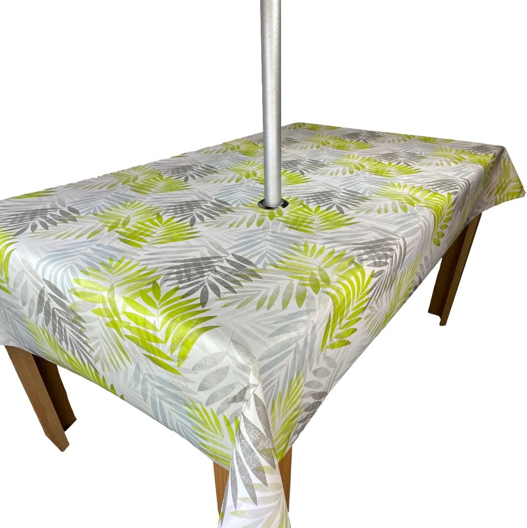 Karina Home Square Outdoor Garden Tablecloth with Parasol Umbrella Hole Exotic Palm Leaves Grey and Green Wipe Clean 140cm x 140cm