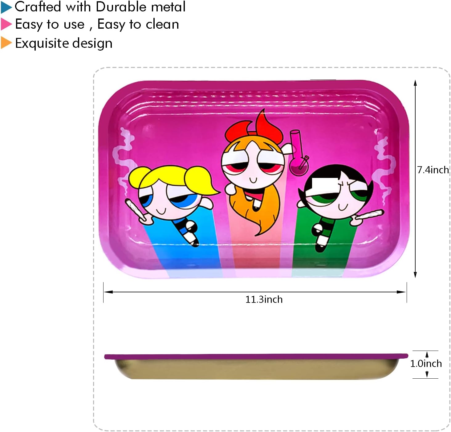 Pink Rolling Tray Girly - Cute Rolling Trays Premium Metal Large Tray with Design - Unique Gifts for Women Girls Mom, Travel Accessories, 11.3'' X 7.4'' (Large, TPG)
