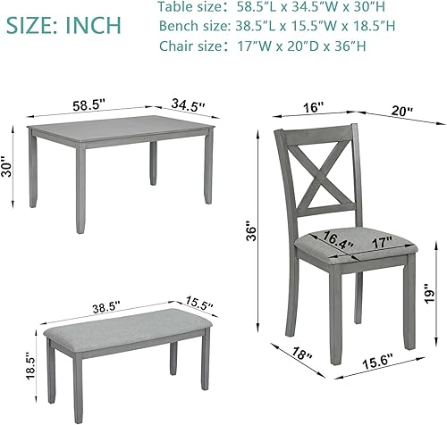 Miniatura 7 de LUMISOL Juego de mesa de comedor de madera maciza de 6 piezas, juego de mesa de cocina de granja con 4 sillas tapizadas y banco para cocina,