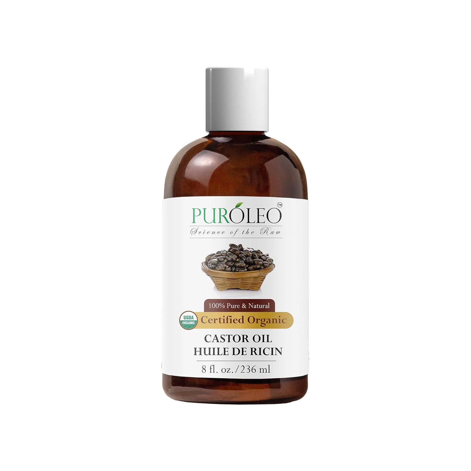 PUROLEO Organic Certified USDA Castor Oil 8 Fl Oz/236 ML (Packed in Canada) – 100% Pure & Natural Oil for Hair, Lashes, Brows & Beard – Use for Eyelash Serum, Hair Serum, or DIY Beauty