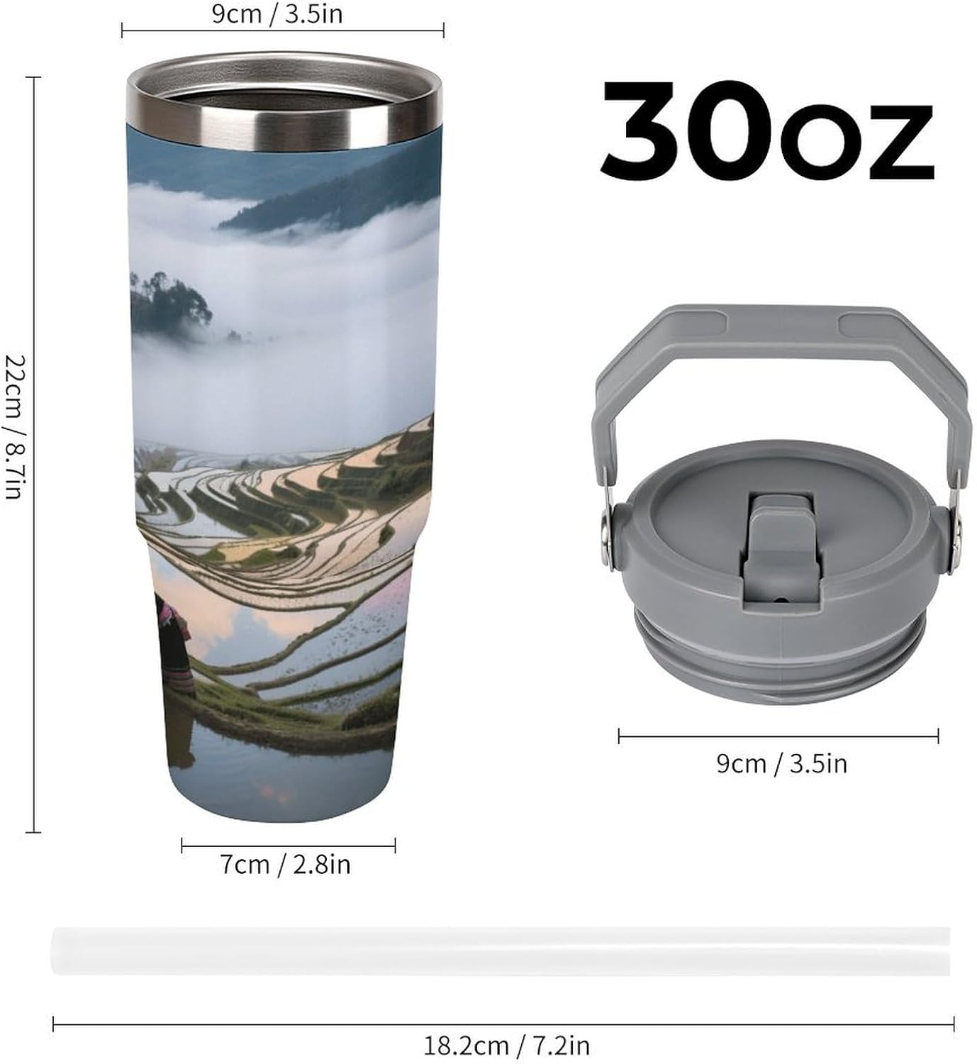 30 Oz Insulated Mug with Handle Lid And Straw Hani Terraces And Sea of ​​clouds Pattern Large Metal Sports Bottle Great for Gifts Parties Office Coffee