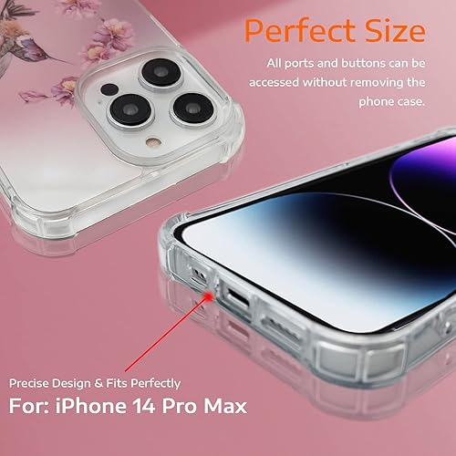 Miniatura 3 de Elgzigok EChaopeng - Funda transparente para iPhone 14 Pro Max, diseño floral rosa colibrí, correa de muñeca, esquinas reforzadas de silicona a