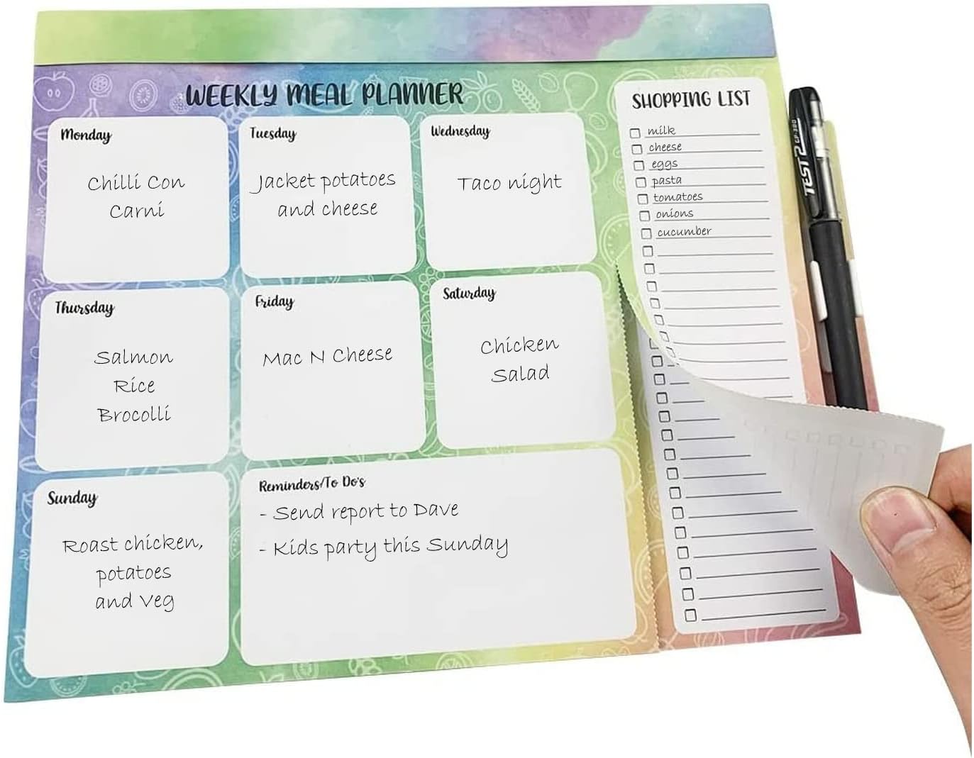 Magnetic Weekly Meal Planner and Shopping List Pad for Fridge - 52 Pages - Tear off Weekly Grocery List - Convenient Pen & Pen Holder - 9'' x 7.5'' - Rainbow Design