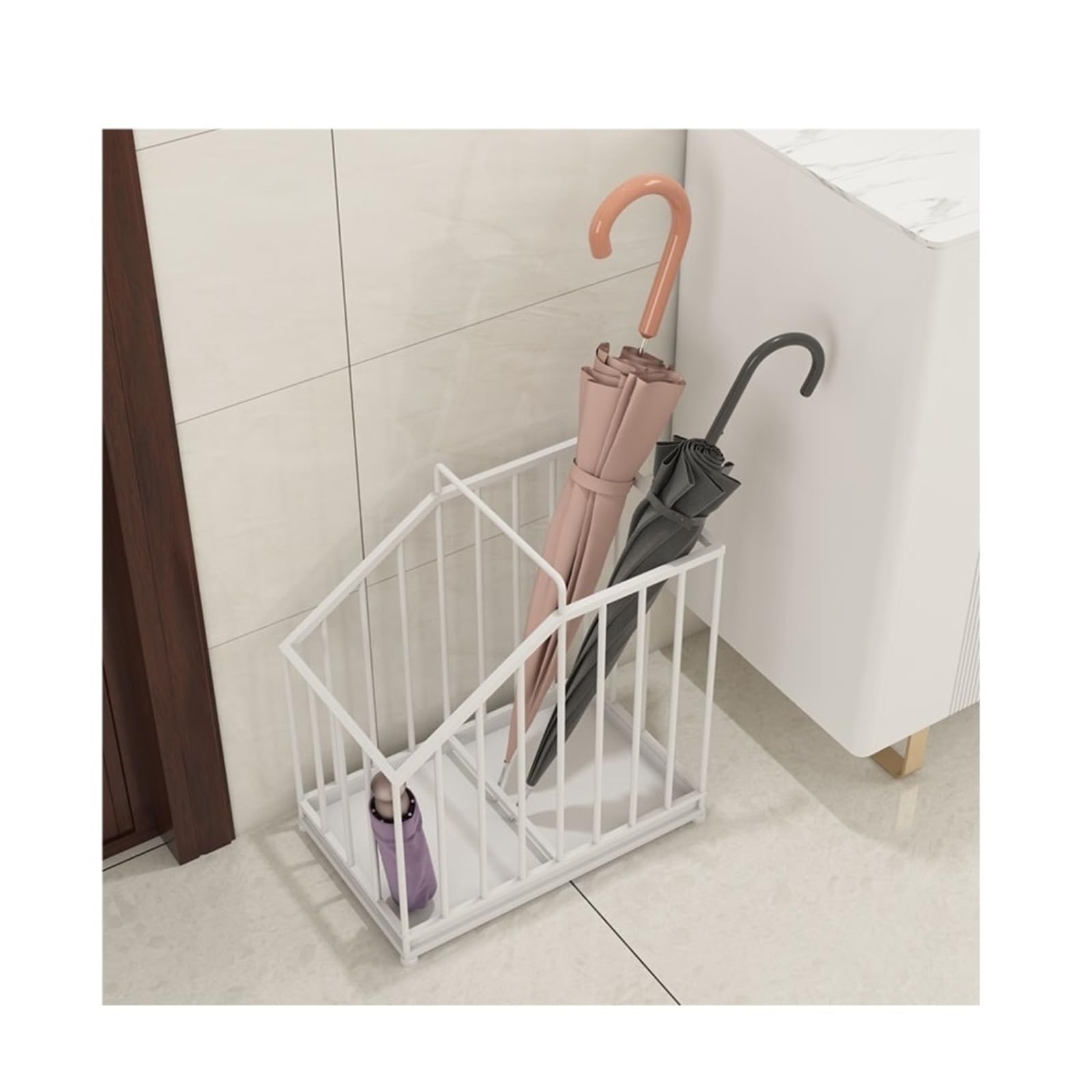 Porte-parapluies sur pied en métal blanc avec poignée et bac récupérateur d'eau