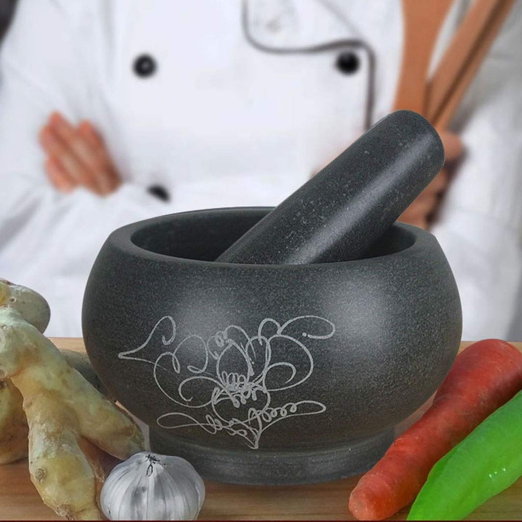 Mortero y Maja de Piedra Natural Tallado a Mano con patrón Creativo para machacar ajo, moler Alimentos en la Cocina, mortero de Piedra para pastas, pestos y Guacamole.