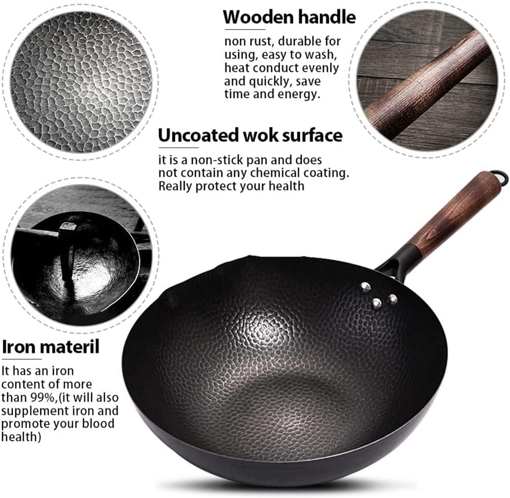Pure Iron wok,Traditional Handmade Iron pan,Non-coated,Non-stick,For Gas and Induction Cooker，Iron wok non-stick wok uncoated wok 32cm household pan frying pan