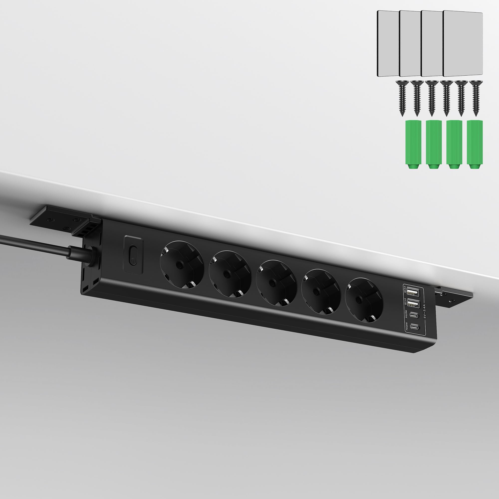 5-Fach Steckdosenleiste Untertischmontage,2USB-C (PD20W)+2USB-A(QC3.0 18W),4000W Mehrfachsteckdose Untertisch montierbar mit Überlastschutzschalter,Unsichtbare Kabelmanagement-Lösung,2m Kabel,Schwarz