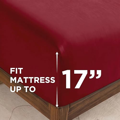 Miniatura 4 de Juego de sábanas de 4 piezas, transpirables y suaves, de microfibra cepillada con bolsillos profundos, fácil cuidado, rojo burdeos