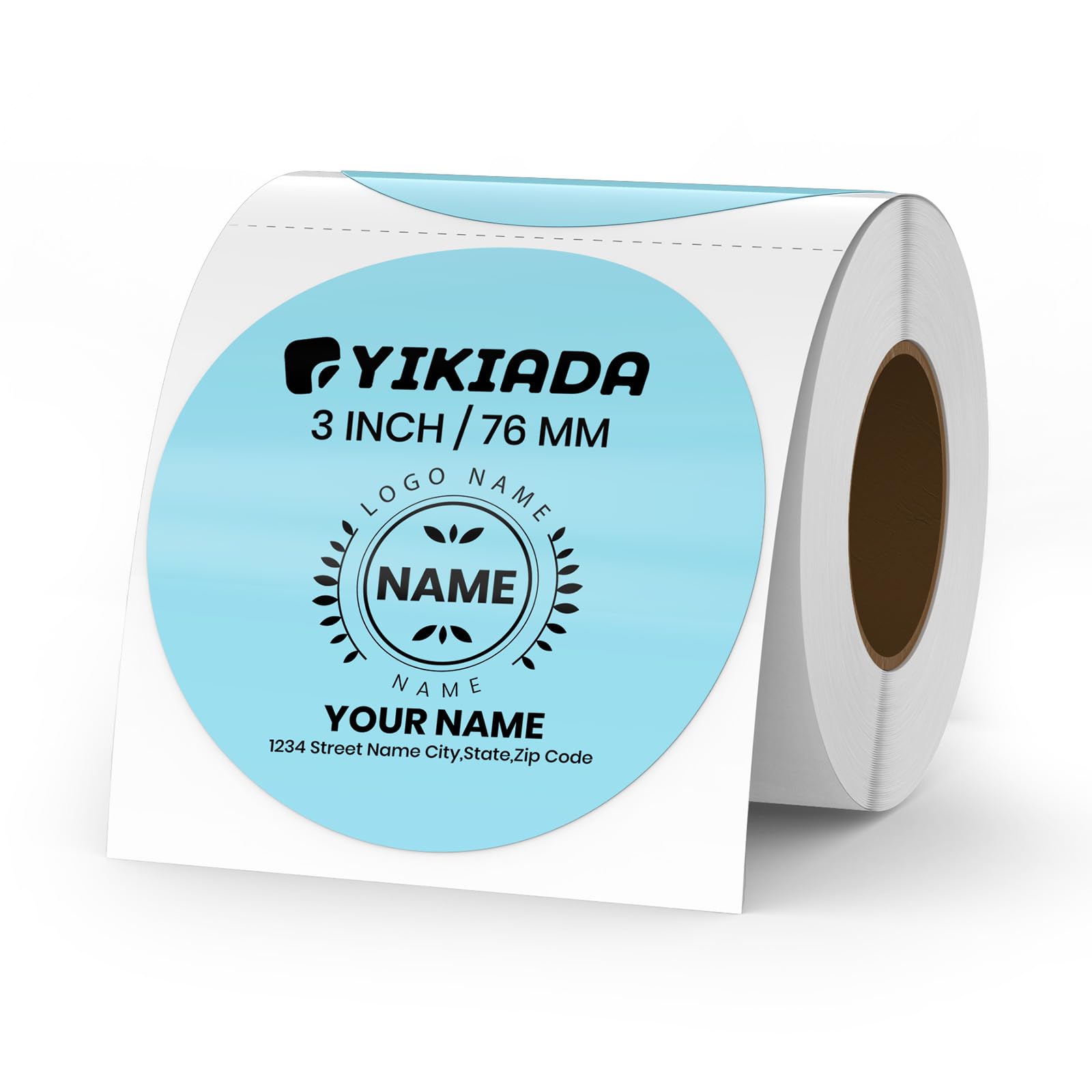 YIKIADA Blue Circle Thermal Labels Vinyl 3 Inch Self-Adhesive Round Stickers Roll Waterproof Printer Decals Name Tag for QR Code DIY Office Address