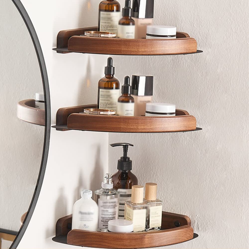 Corner Shower Caddy Solid Wood Corner Shelf Wall Mount Floating Shelves Bathroom Shower Room Storage Rack Shower Organizer