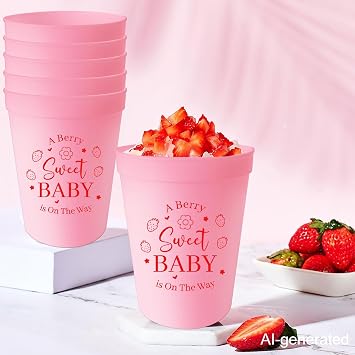 Usumz Berry Sweet Baby Plastic Cups A Berry Sweet Baby Is on the Way Decorations 16oz Pink Strawberry 1st Birthday Reusable Cups 12Pcs