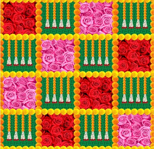 Image of Back Ground Decoration Clothes | Minimalist Box Design Backdrop with Graceful Red Roses and Pink Flower Blocks | varalakshmi puja Backdrop 5x5 feet
