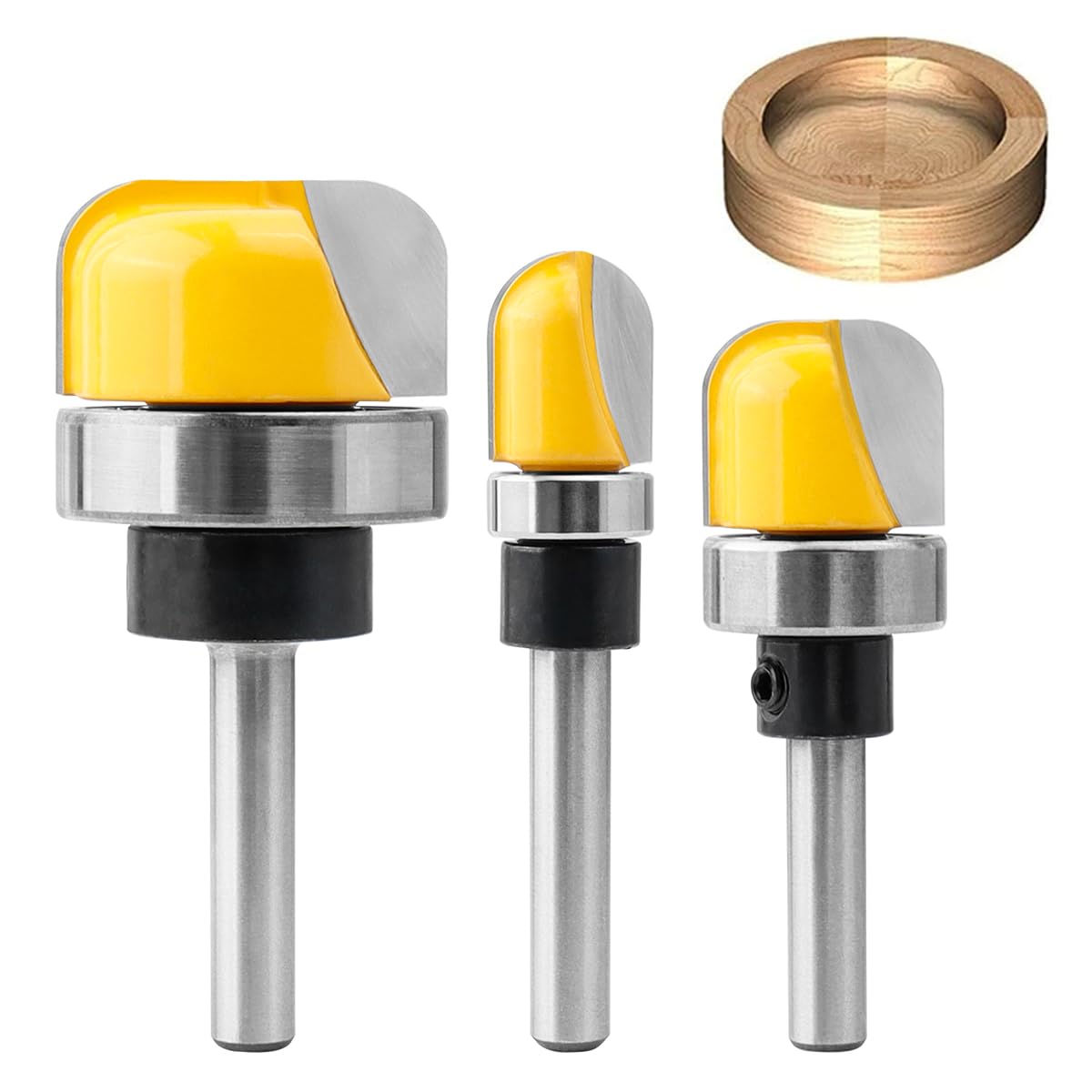 Evponk 3 Pcs Bowl and Tray Router Bits Set, 1/4" Shank Carbide Dish Carving Router Bits with Bottom Bearing, Cutting Diameters 1/2", 3/4", 1-1/8" for
