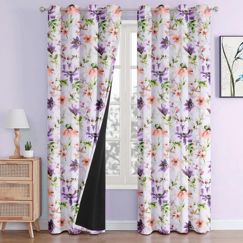 100% Blackout Printed Premium Door Curtains 7 Feet Long Set of 2, Noise Reducing Blackout Parda 7 Feet with Grommet for Home Decor (7x4.5 Feet, Purple Lotus)