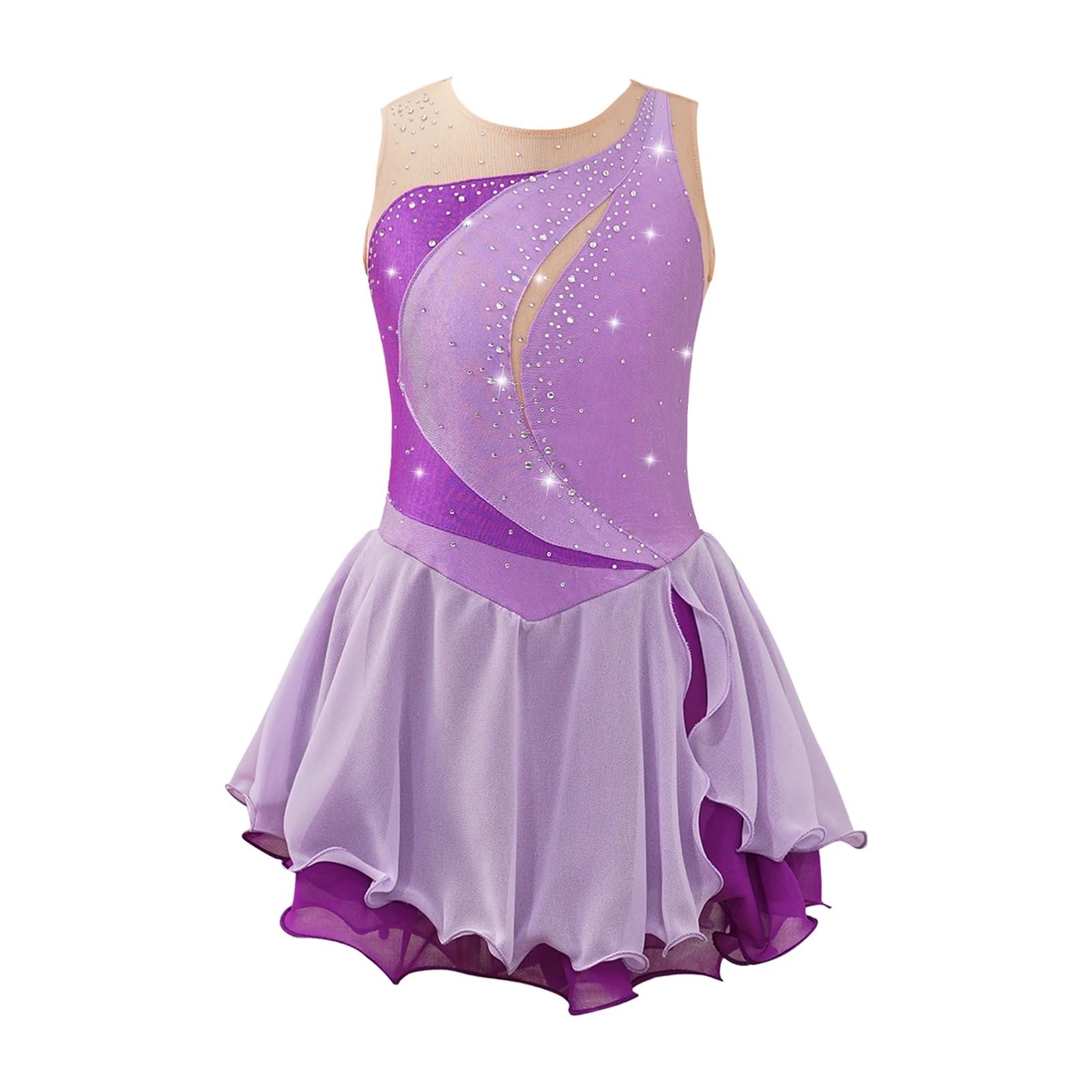 Maillot patinaje artistico Disfraz de patinaje sobre hielo for niña, vestido de patinaje artístico sin mangas con retales de diamantes de imitación, vestido de leotardo de danza y gimnasia de Ballet(K