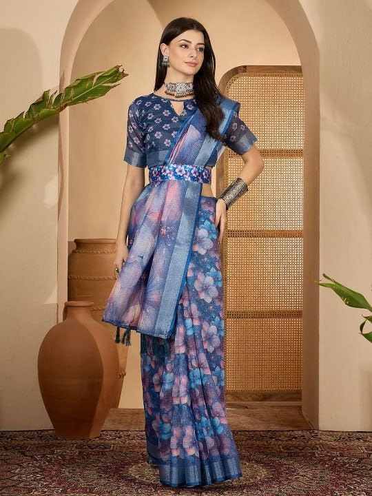Women's Floral Print Saree, Blue and Pink, Digital Print, Ethnic Wear, with Blouse Piece, Wedding Festive Wear
