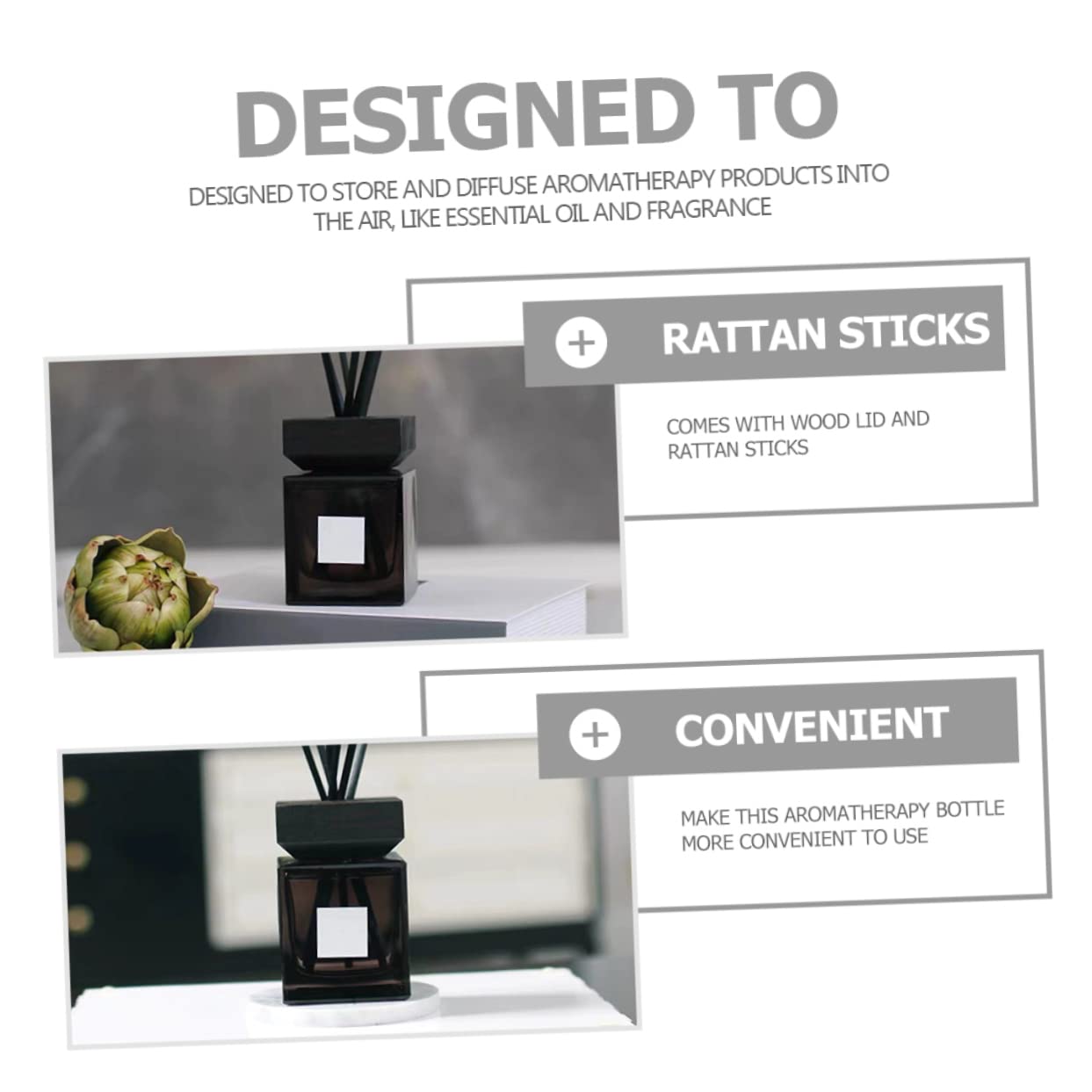 Diffusore in Vetro per Aromaterapia 200 Ml Coperchio in Legno e Bastoncini in Rattan, Flacone di Profumo Elegante per Casa, Bagno e Ufficio, Set Diffusori Oli Essenziali