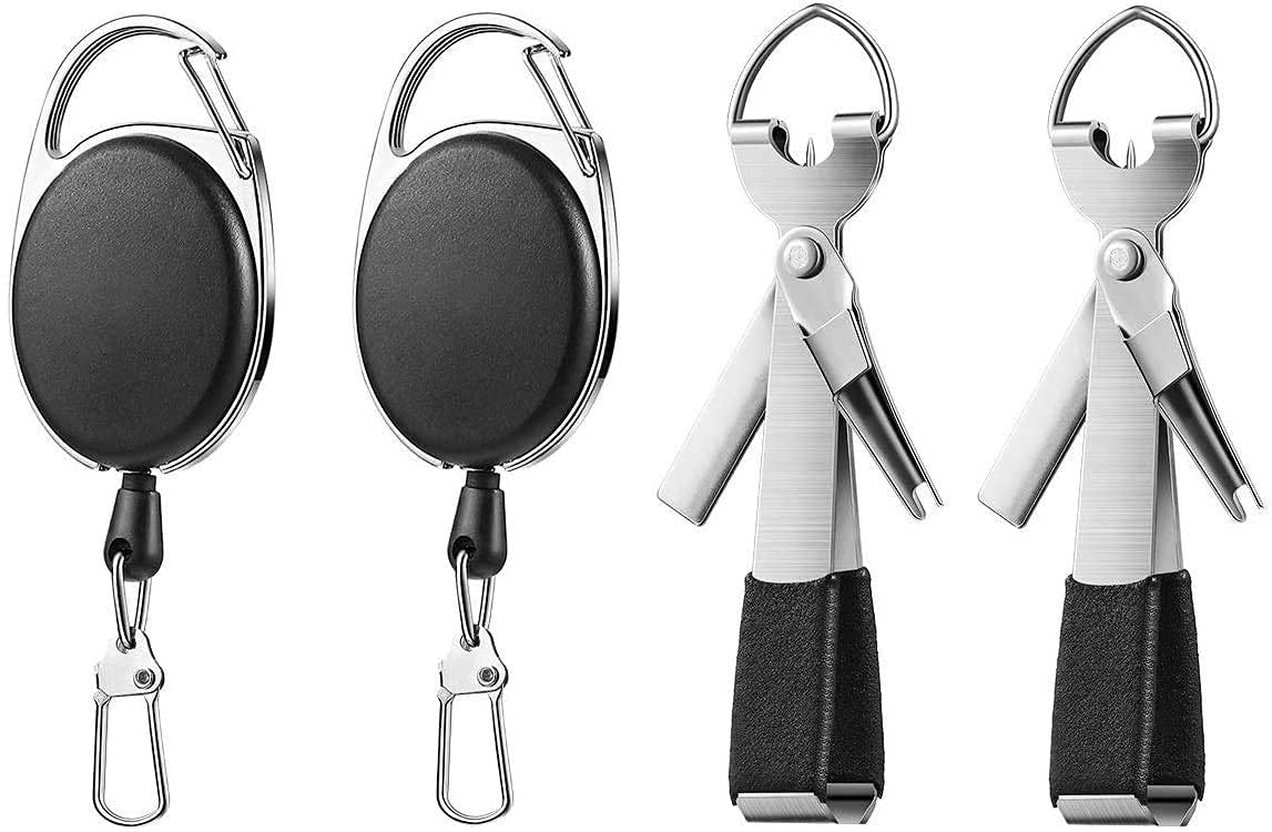 Fishing Stainless Steel 4 in 1 Fly Line Clippers with Zinger Retractor Combo (2 Pieces, Black Silver)