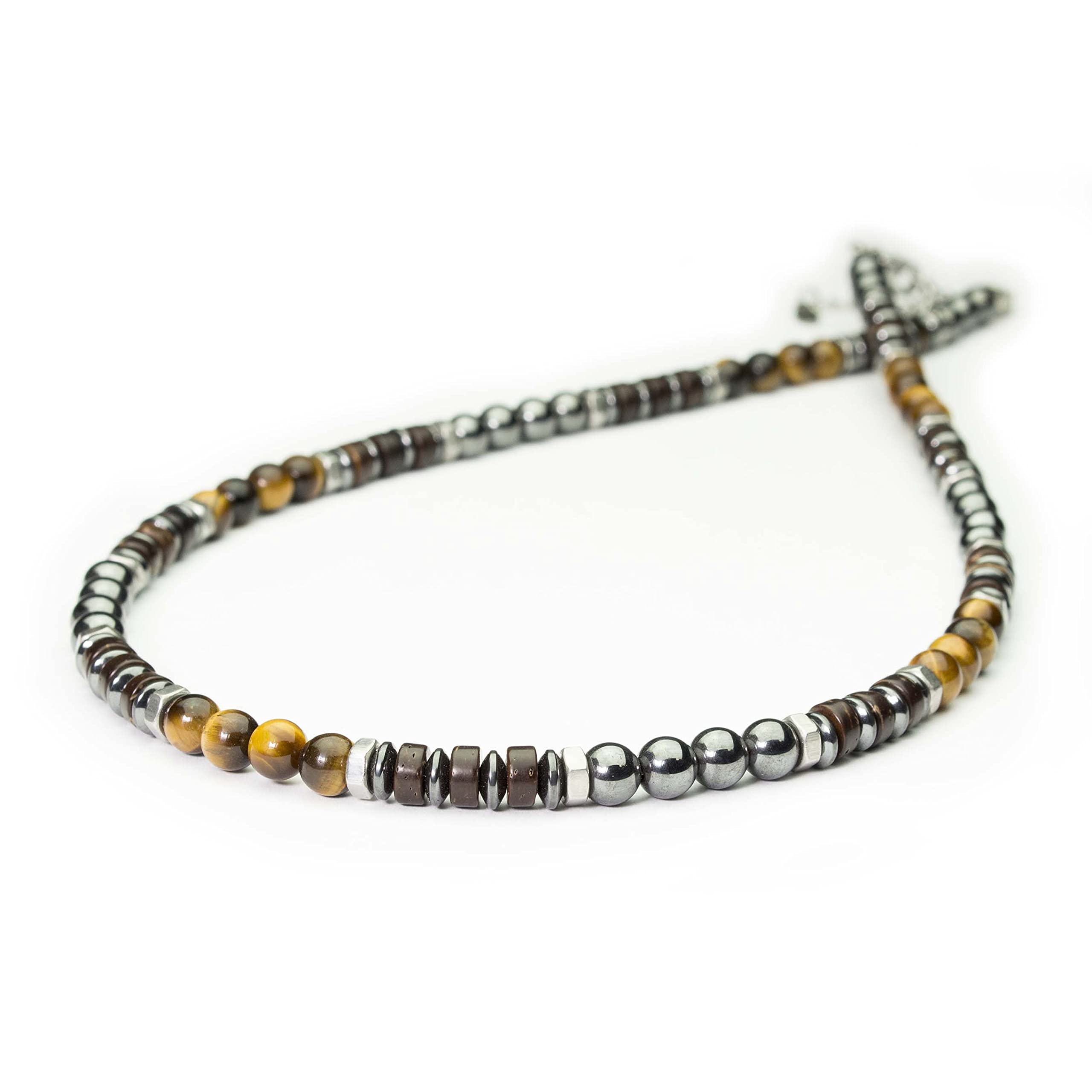 Collier Homme/Femme perles Ø 6 mm pierre naturelle gemme Œil de tigre Hématite Bois coco métal INOX couleur argent Style antique Fait main en France