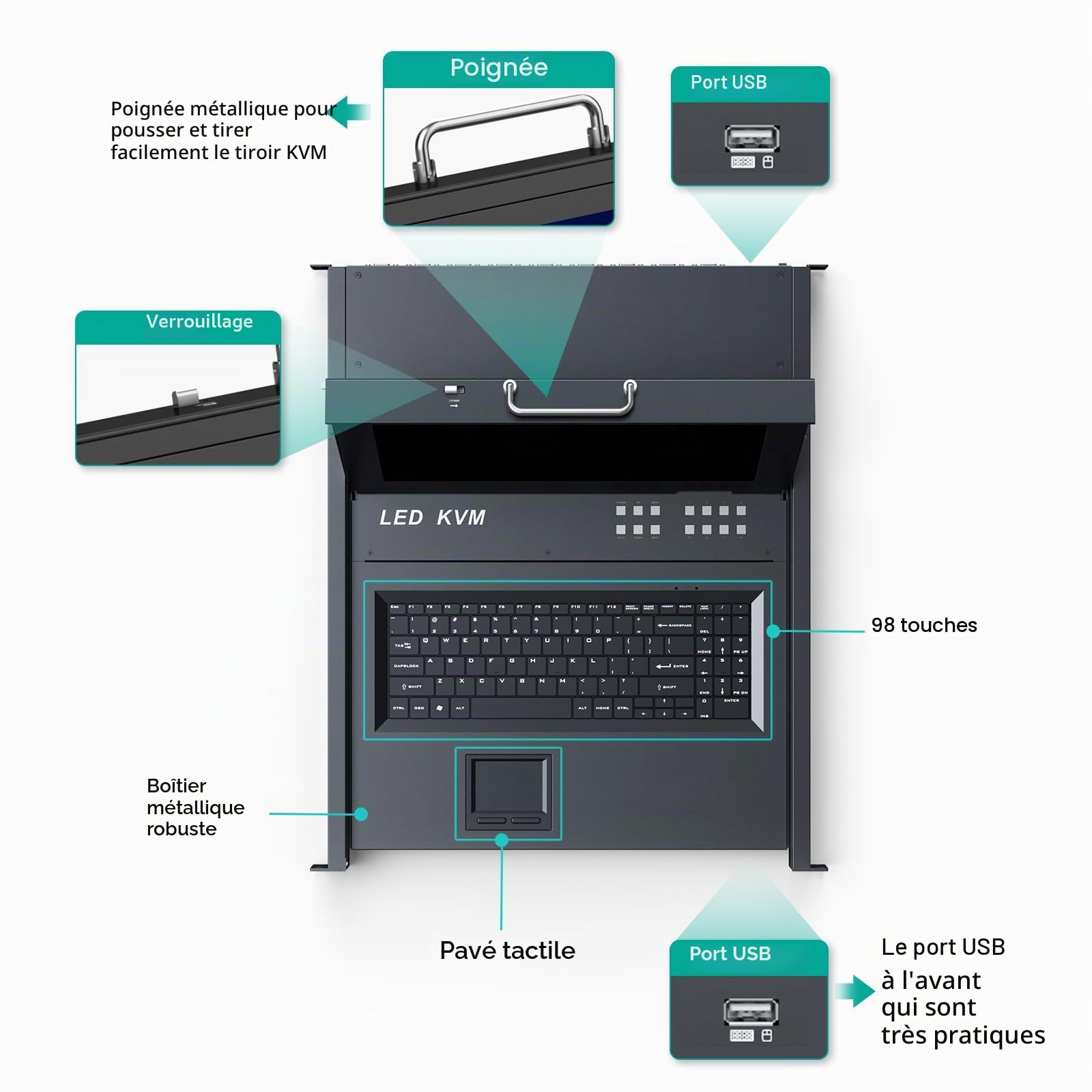 MT-VIKI 1U 17 pouces LCD Console KVM 8 ports KVM VGA Switch Rackmount avec console intégrée pour armoire 1U 600-800mm Touchpad clavier tiroir Hotkey OSD