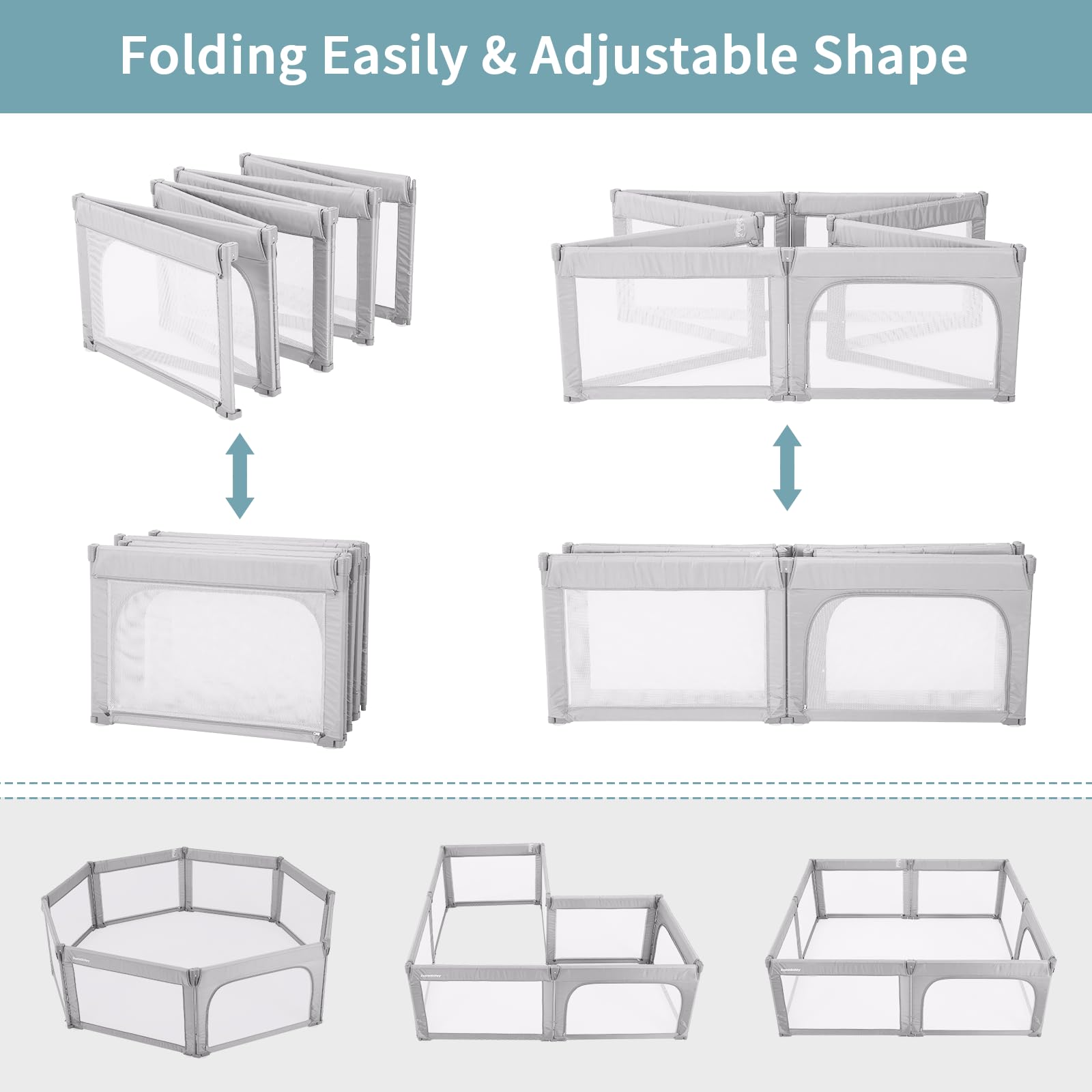 Parc pliable pour bébés et tout-petits, forme et taille réglables, parc avec cadre rembourré et parois en maille, parc de jeu pour intérieur et extérieur, 150 x 180 cm, gris clair Oxford