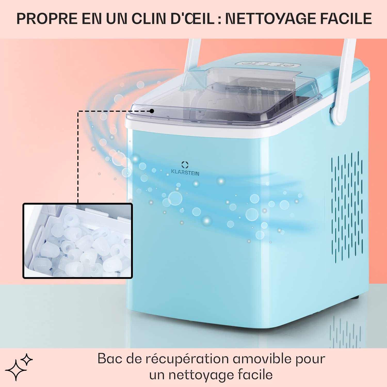 Klarstein Arctic Porter - Machine à glaçons 12kg / 24h, 2 tailles, temps de production 12kg de Glacons, réservoir d'eau de 2 l, écran LCD, minuterie, poignée, sans BPA