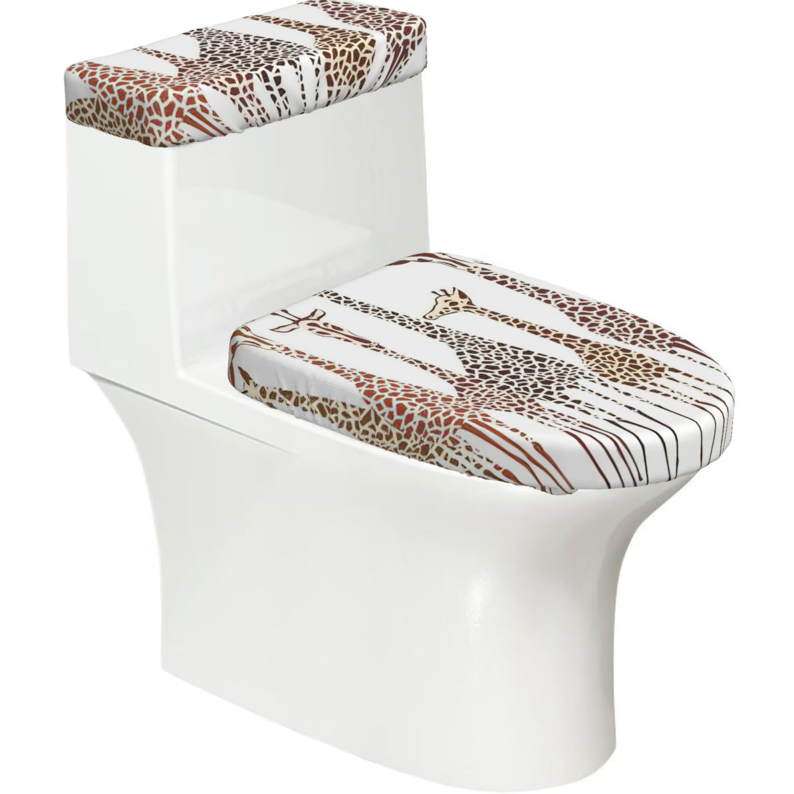 Cute Cartoon Funny Giraffes Print Stretch Toilet Covers Set, Polyester Covers Replacement For Fits Most Size Lids Bathroom Decor