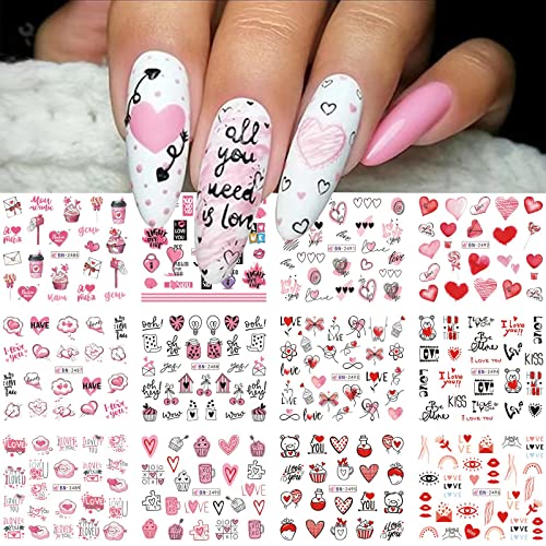 48Pcs Valentine's Day Nail Art Stickers Decals 3D Water Transfer Valentine Nail Decals Red Heart Lips Letter Patterns Nail Supplies Accessories For Women And Girls Valentine's Day Nail Design Decoration #TOP1