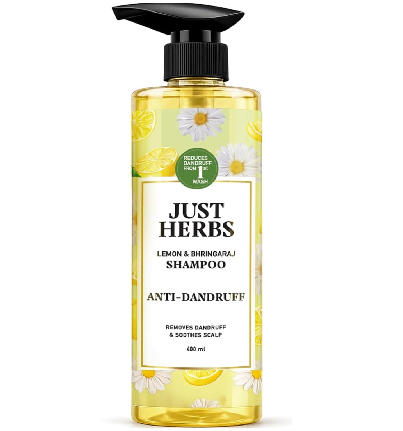 Just Herbs Lemon & Bhringaraj Shampoo | Anti-Dandruff | Reduces Dandruff from 1st Wash | Removes Flakes & Soothes Scalp Itch | 14 Herbs | Paraben-Free, Mineral Oil-Free | Dermatologically Tested | All Hair Types | 480 ml-image-2