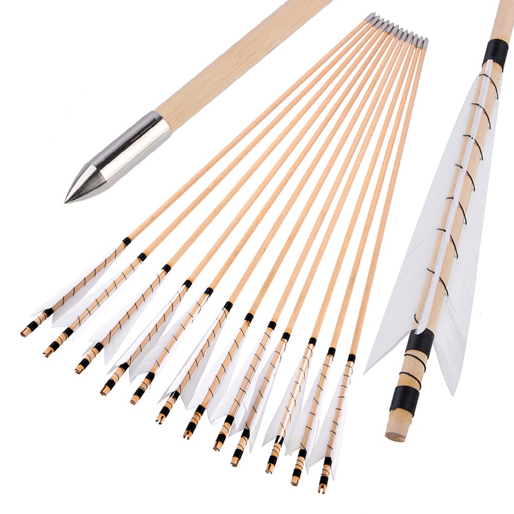 32" Flèches en Bois pour tir à l'arc,Fabrication Artisanale Traditionnelle,5" avec Plume de Dinde,OD 8mm Tige en Bois,flèches de Chasse,pour Arc Long/Arc recourbé,Arc à Cheval