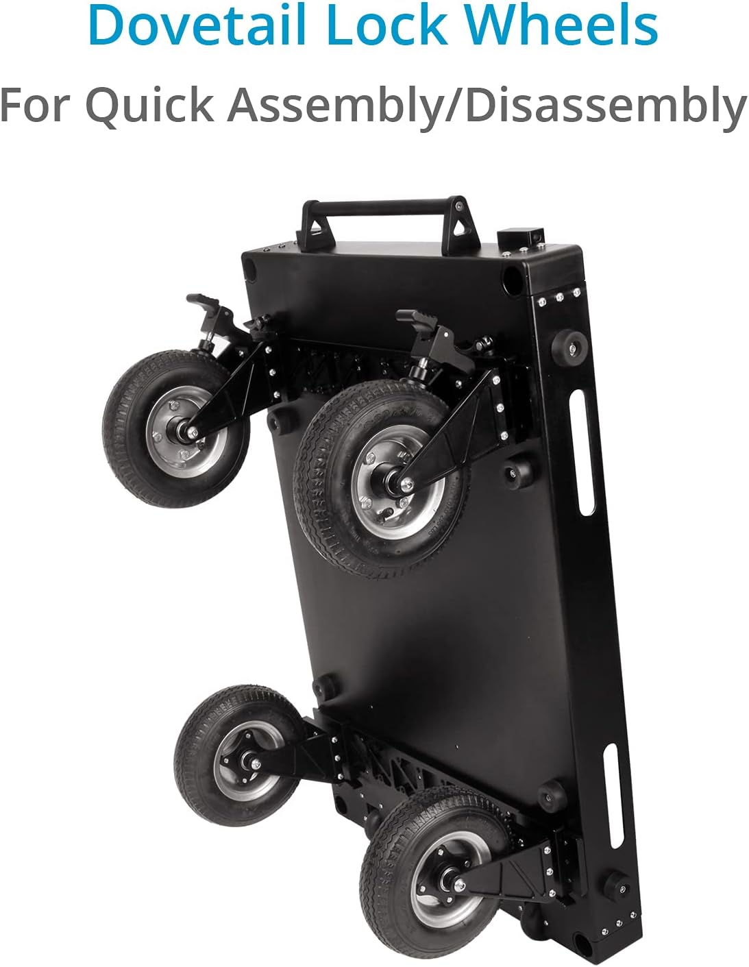 Close-up of the dovetail lock wheels mechanism on the cart