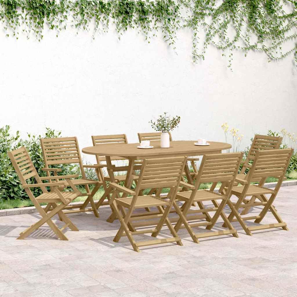 Juego de comedor de jardín de madera maciza de acacia plegable con diseño de listones y tablero robusto para 8 sillas y 1 mesa, hasta 110 kg por asiento