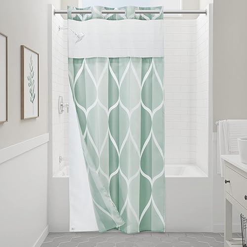 Miniatura 8 de Cortina de ducha sin ganchos, estilo hotel, con ventana superior de malla traslúcida, diseño geométrico moderno de gota de agua, repelente al agua y