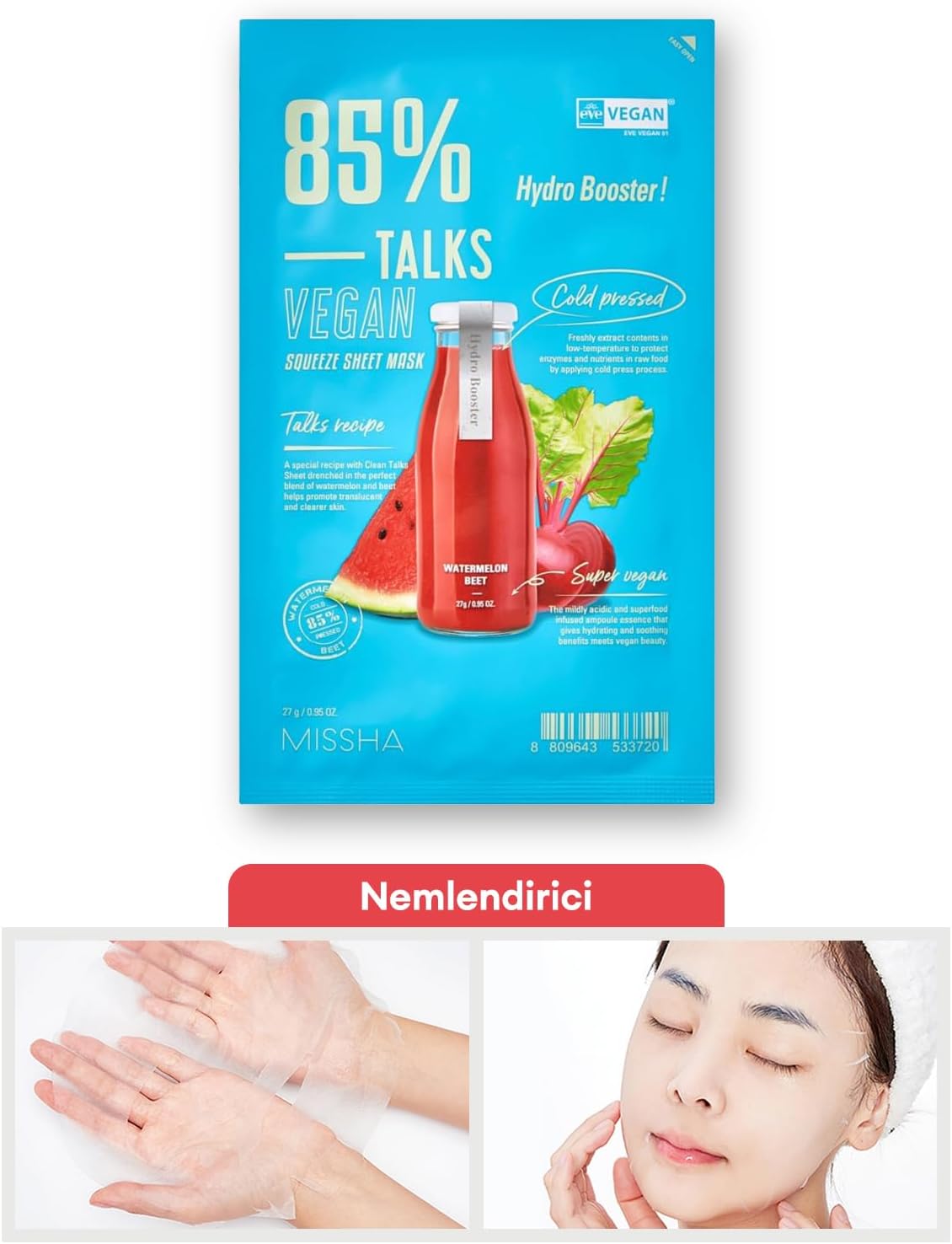 Missha Nemlendirici Vegan Yaprak Maske Talks Vegan Squeeze Sheet Mask (HYDRO BOOSTER), 5905