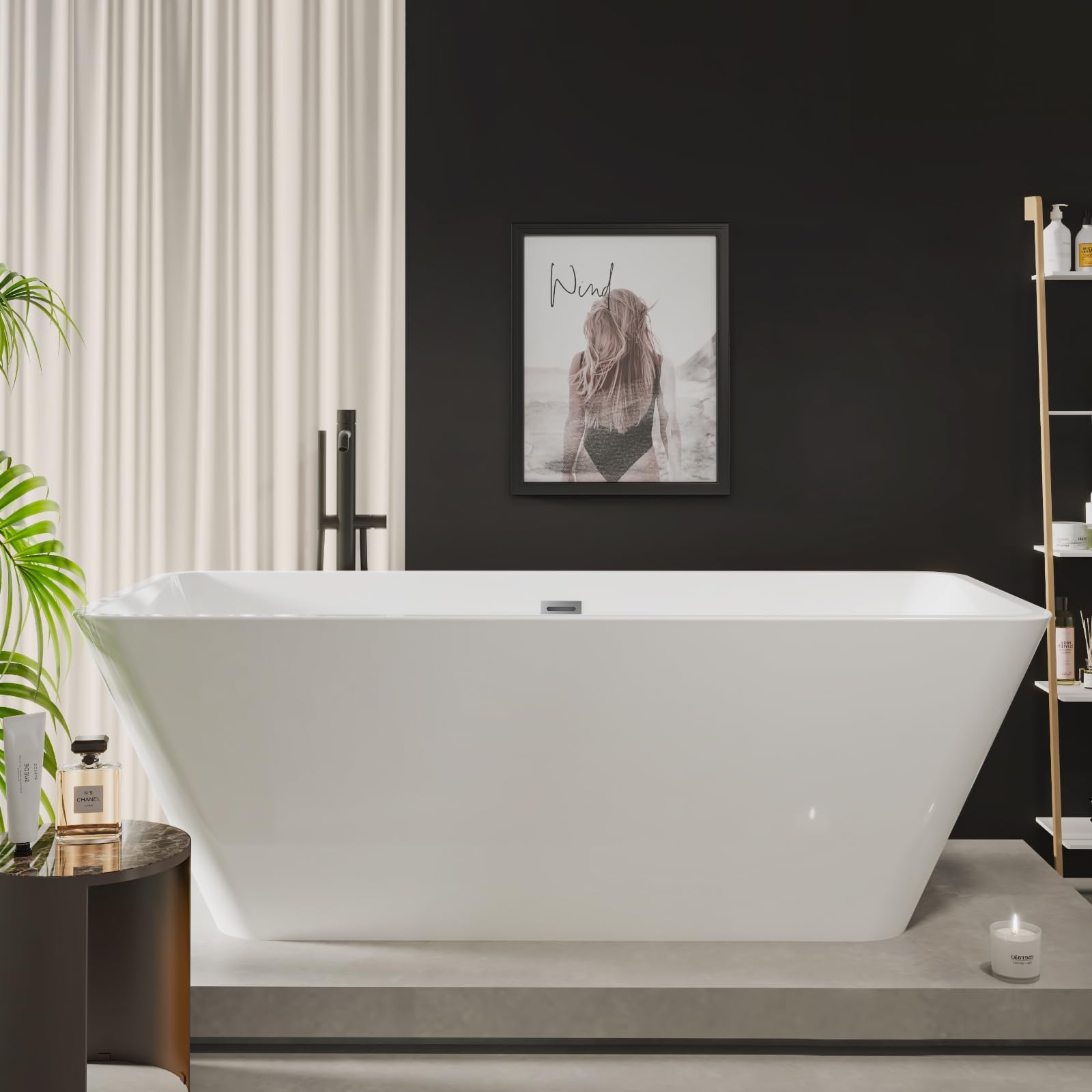 66" Freestanding Bathtub, Modern Soaking Bathtub, Freestanding Rectangular Tub with Non-Slip Base and Easy Drain, Deep Design for Adults, Ideal for Bathroom Relaxation, Chrome Drain, White