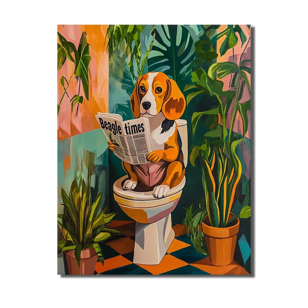 AEFOUU Funny Beagle Toilet Poster Dog Illustration, Bathroom Wall Art Canvas Printing for Living Room Home Wall Decor Pictures(70x90cm/28x36in/Frameless)