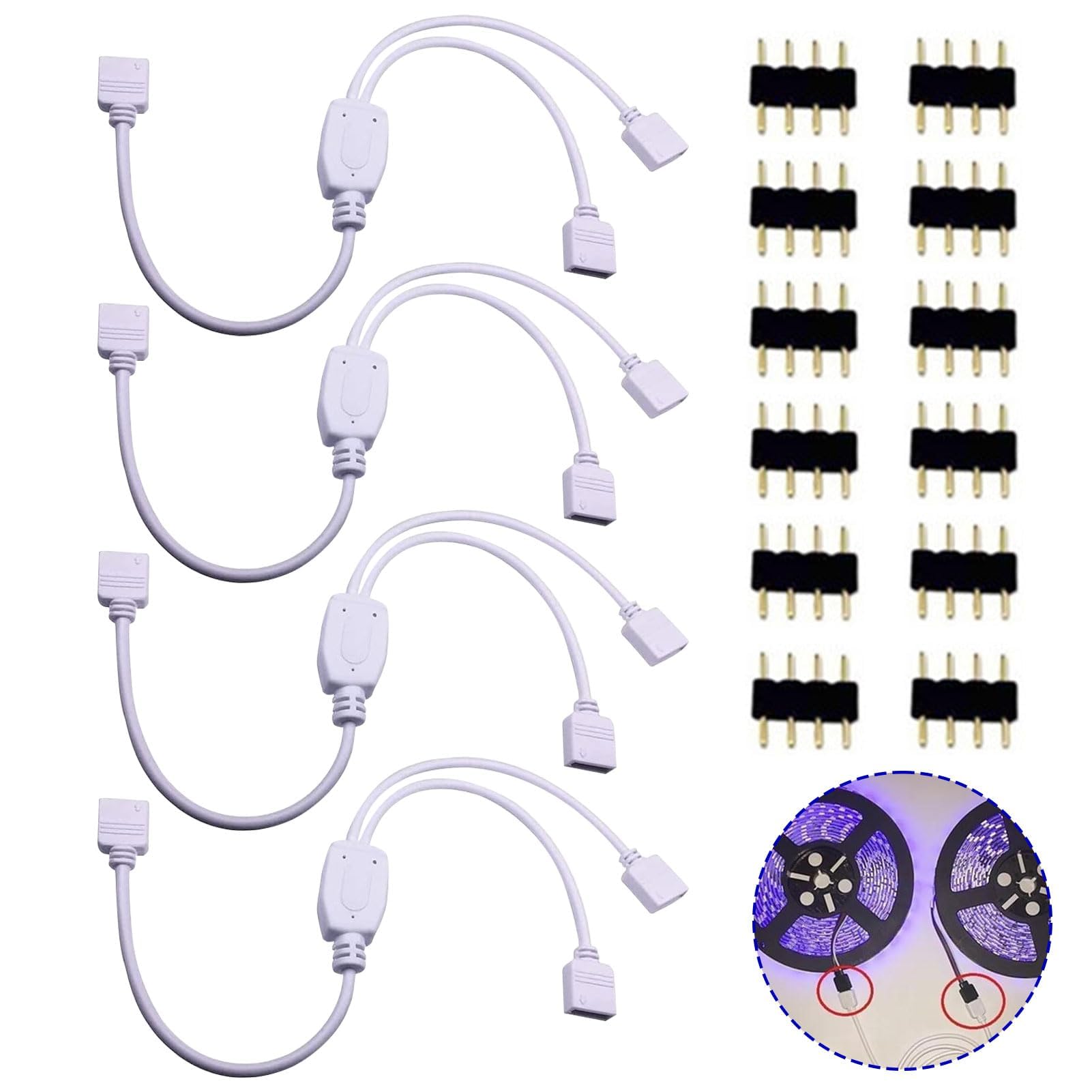 Câbles répartiteurs LED RVB 4 broches, connecteurs de bande lumineuse, répartiteur d'angle 4 broches, 30 cm Blanc