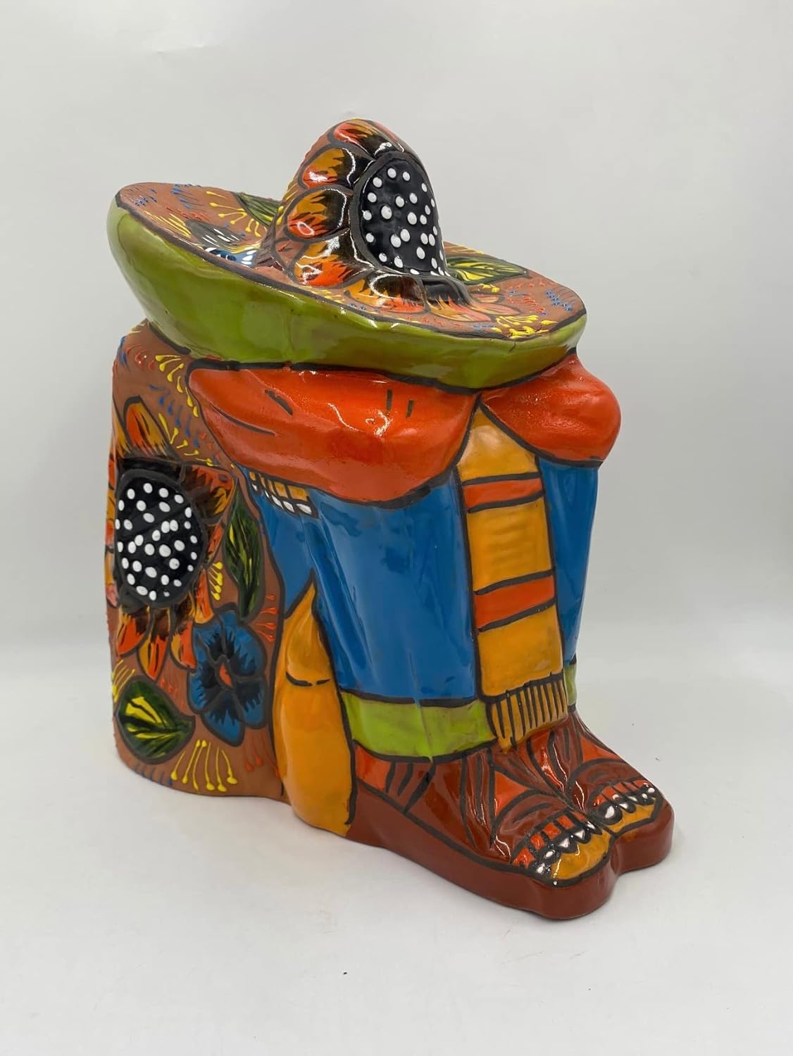 XL Talavera Sleeping Man Statue, Mexican Pottery Ponchito Statue Indoor/Outdoor