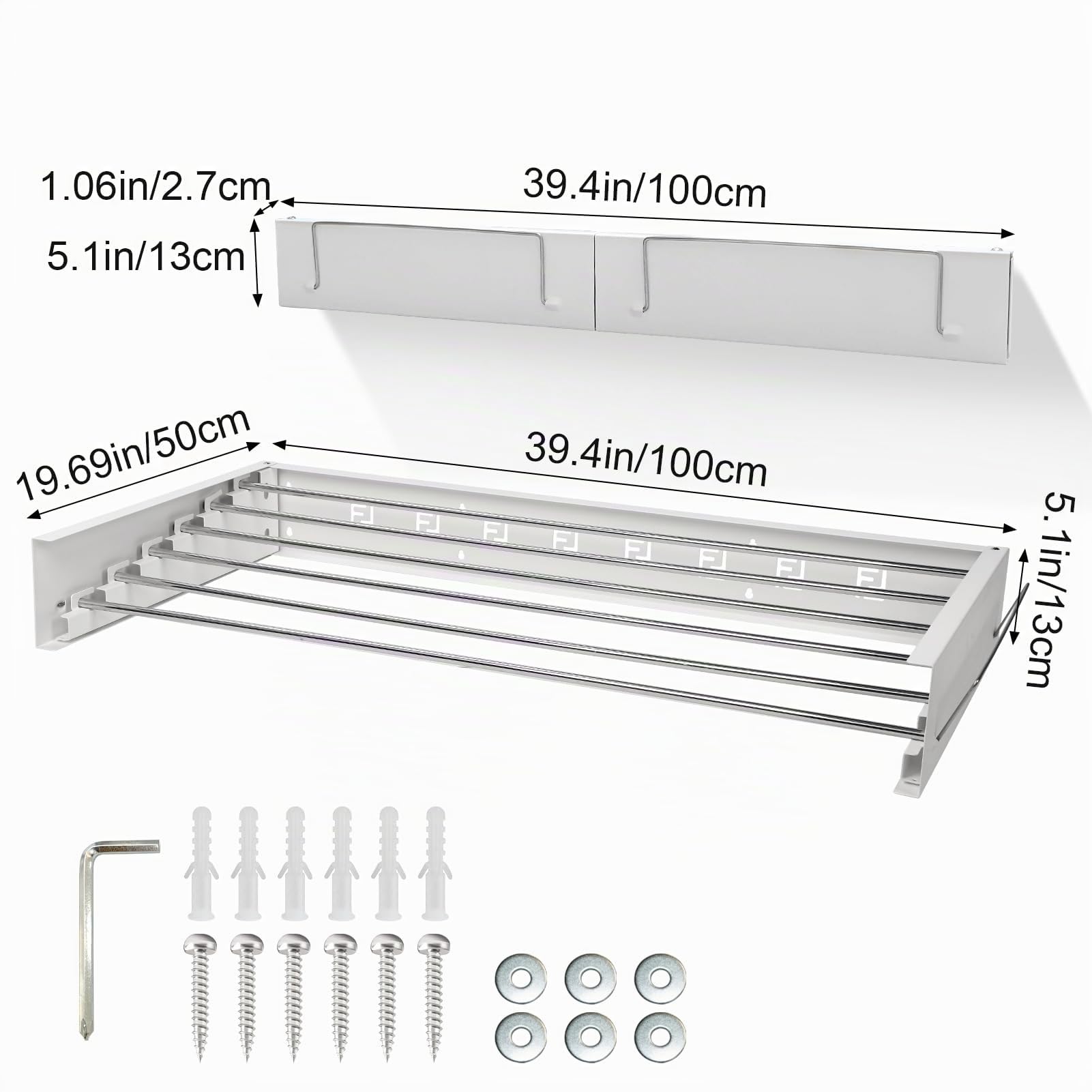 Etendoir a linge mural, sechoir linge mural pour sécher les vêtements, 39,4'', capacité de charge de 110 lb, avec gabarit mural, tournevis, foret pour organisation intérieure et extérieure (100cm)