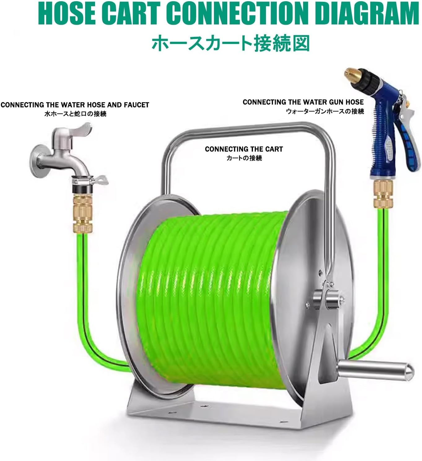 Garden Hose Reel Stand，Stainless Steel Garden Hose Reel Cart Hanger，Portable Garden Pipe Organizer，Suitable for Gardening, Flower Watering, Yards, Lawns and Farms.(Green,30 * 28 * 40CM_30M)