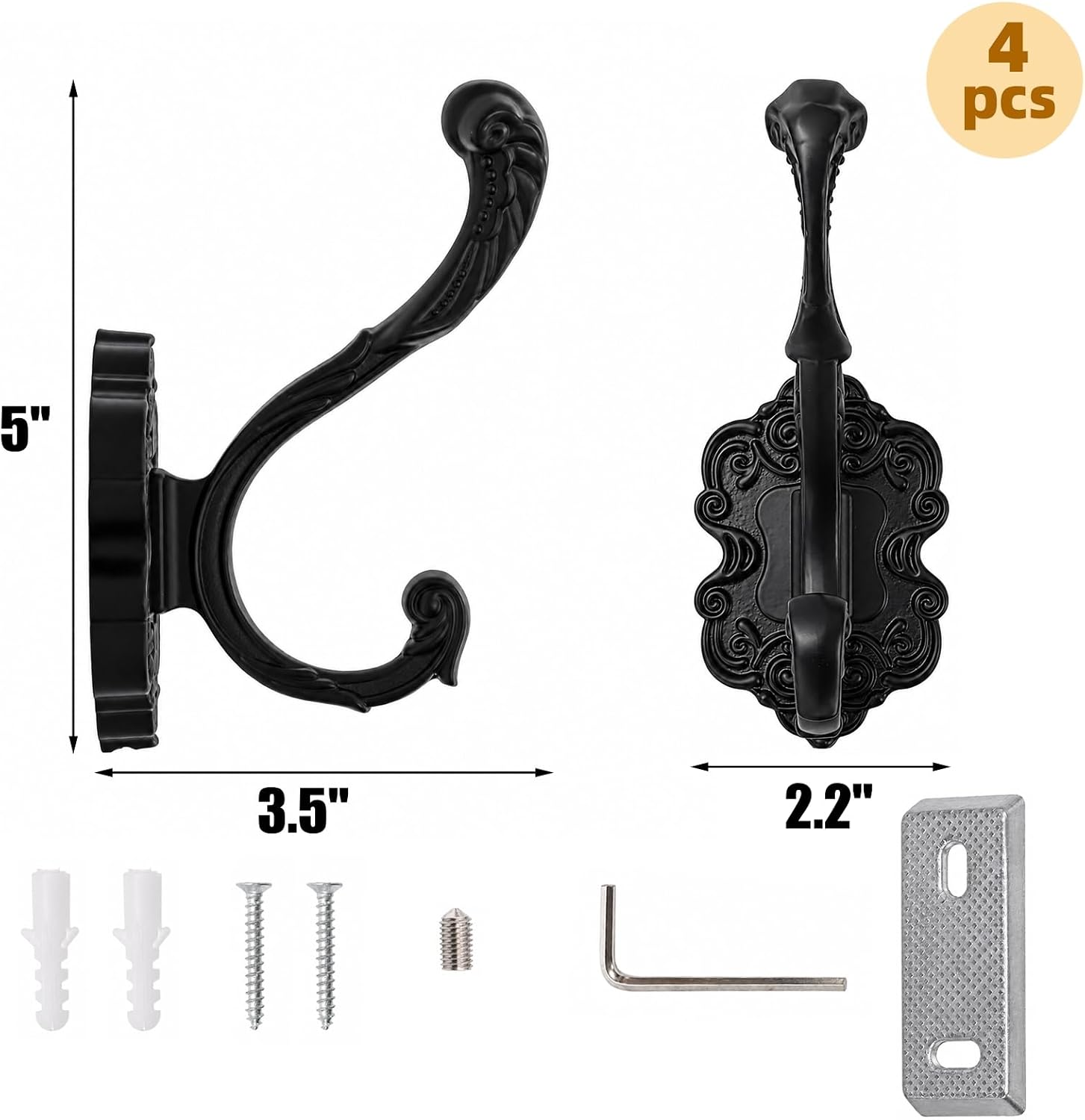 Peohud 4 Pack Black Vintage Coat Hook, Decorative Towel Hooks image 2