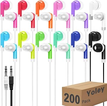 200 Packs Classroom Earbuds Bulk Headphones for Kids School Students Children, Wholesale Class Set Durable Earphones, Individually Bagged 200 Mixed